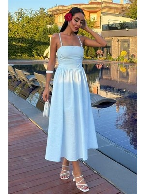 Gökyüzü Moda Sırtı Çapraz Ipli Boncuk Detaylı Elbise 2902-08