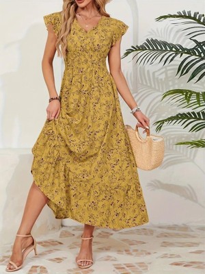 Arben Boutique Kadın Kısa Kollu Kruvaze Yaka Beli Lastikli Çiçek Desenli Elbise