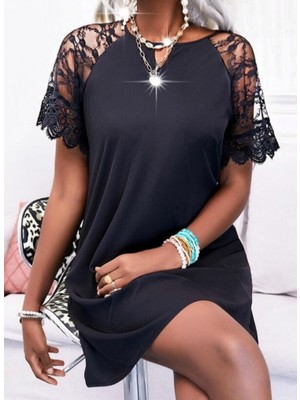 Sosostyle Kadın Dantelli Kısa Kollu Damla Yaka Krep Elbise