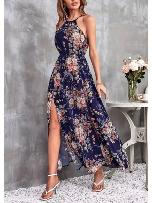 Nidam Butik Kadın Açık Omuz Halter Yaka Beli Lastikli Büzgü Detay Önden Yırtmaçlı Çiçek Desenli Süprem Elbise