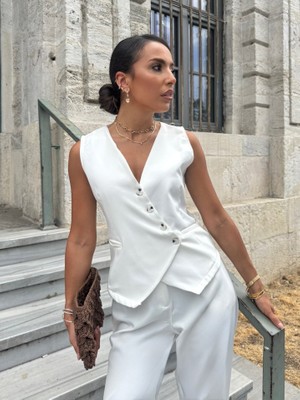 Aisha Elbise Kadın Sıfır Kollu Çapraz V Yakalı Önden Düğmeli Atlas Yelek ve Pantolon Ikili Takım