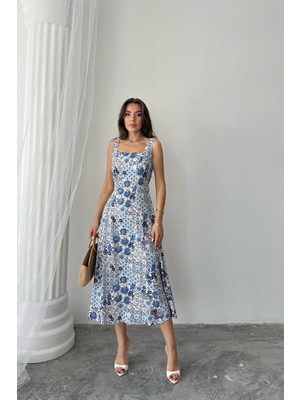 Gökyüzü Moda Mavi Çiçekli Viskon Elbise