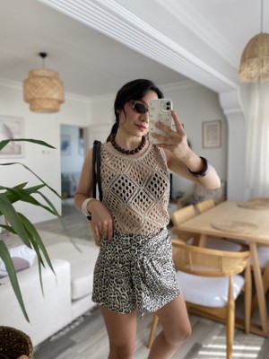 Alinn Butikk Kadın Askılı Yuvarlak Yaka Geometrik Desenli Triko Bluz