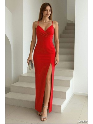 Arben Boutique Kadın Dalgıç Kumaş V Yaka Yırtmaç Detaylı Maxi Boy Elbise