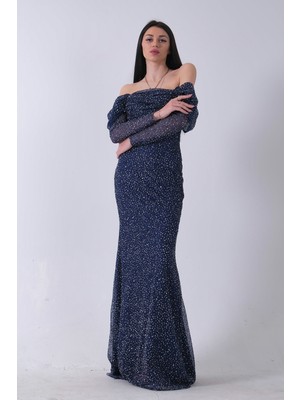 Lacivert Kayık Yaka Simli Uzun Kol Abiye 9705266.02