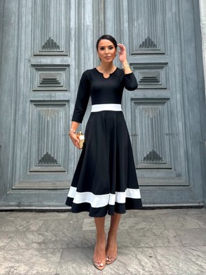 AKN Butik Kadın Truvakarkol Yakası Açık Blok Renkli Krep Midi Elbise