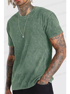 Erkek Petrol Yeşili Regular Asit Yıkamalı Eskitme Efektli Boyalı T-Shirt