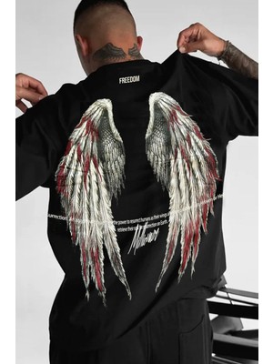 Erkek Freedom Kanat Baskılı Siyah Oversize Salaş T-Shirt