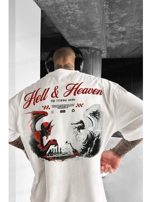 Erkek Ekru Beyaz Devil And Angel Oversize Fit Bol Geniş Kalıp Salaş Kesim T-Shirt