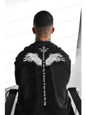 Erkek Siyah I Can Fly Oversize Fit Bol Geniş Kalıp Salaş Kesim T-Shirt