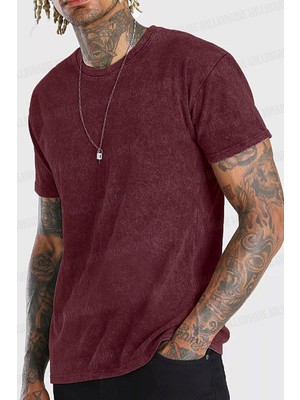 Erkek Bordo Regular Asit Yıkamalı Eskitme Efektli Boyalı T-Shirt