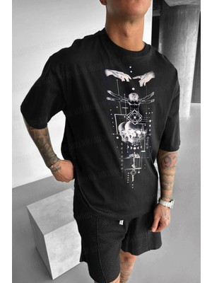 Millionaire Erkek Siyah Da Vinci Sicience Oversize Fit Bol Geniş Kalıp Salaş Kesim T-Shirt