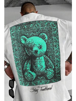 Erkek Ekru Beyaz Traditional Ayıcık Teddy Bear Oversize Fit Bol Geniş Kalıp Salaş Kesim T-Shirt