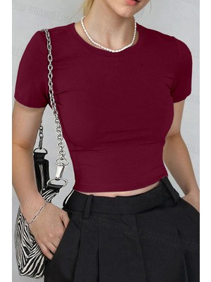 Kadın Bordo  Bisiklet Yaka Likralı Kısa Kol Body Crop Bluz