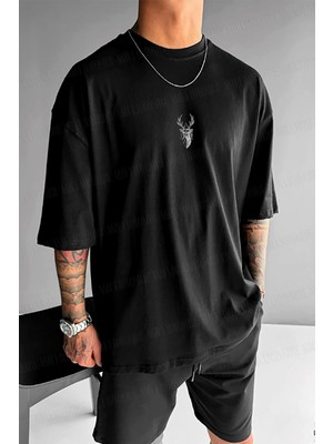 Erkek Siyah Geyik Baskılı Oversize Fit Bol Geniş Kalıp Salaş Kesim T-Shirt