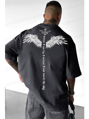 Millionaire Erkek Füme I Can Fly Oversize T-Shirt Truvakar Kol Günlük Stil Grafik Desenli