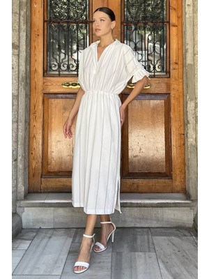 Bel Lastikli Çizgi Desenli Kısa Kol Elbise P-00017788