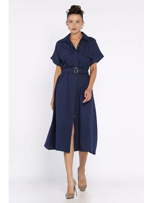 Ön Düğmeli Kemerli Kısa Kol Elbise P-00017784