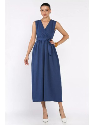 Kruvaze Yaka Kuşaklı Sıfır Kol Elbise P-00017759