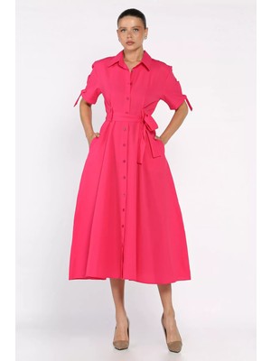 Düğmeli ve Pileli Kısa Kol Uzun Elbise P-00017763