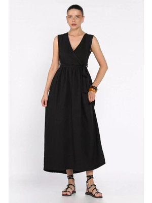 Kruvaze Yaka Kuşaklı Sıfır Kol Elbise P-00017759