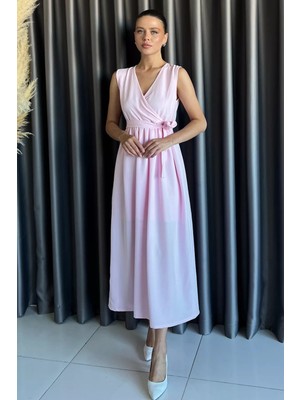 Kruvaze Yaka Kuşaklı Sıfır Kol Elbise P-00017759