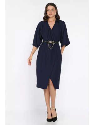 Kruvaze Yaka Kemerli Kadın Elbise P-00017707