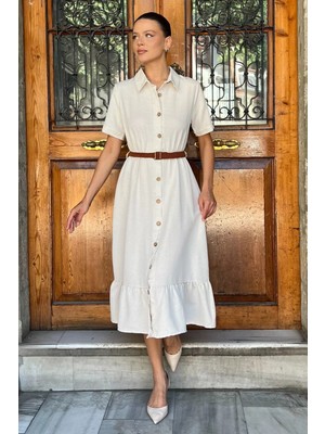 Boydan Düğmeli Kemerli Keten Elbise P-00017684