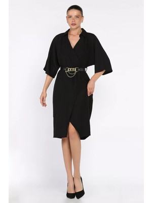 Kruvaze Yaka Kemerli Kadın Elbise P-00017707