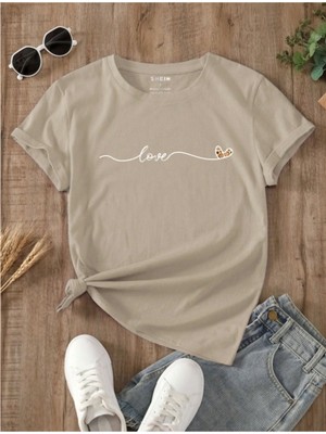 Unisex Pamuklu Love Kalp Ön Baskılı Tasarım Tshirt