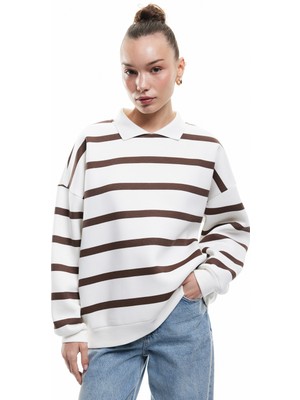 Koton Şardonlu Polo Yaka Çizgili Oversize Sweatshirt