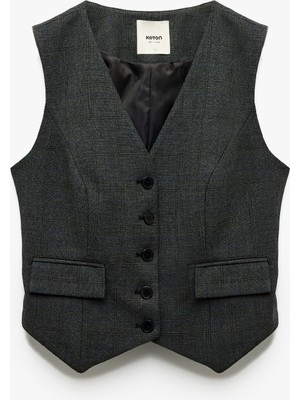 Koton V Yaka Kolsuz Düğmeli Cepli Kareli Blazer Yelek