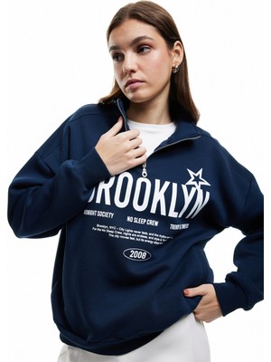 Koton Şardonlu Uzun Kollu Baskılı Yarım Fermuarlı Oversize Sweatshirt