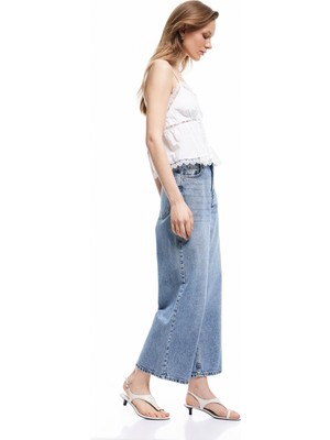 Koton Pamuklu Düğmeli Cepli Normal Bel Crop Geniş Paça Jean Pantolon - Wide Leg Jean