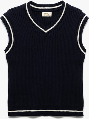 Koton Pamuklu V Yaka Çizgili Kolsuz Triko Süveter