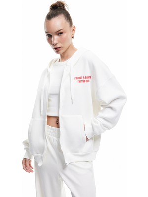 Koton Şardonlu Fermuarlı Kapüşonlu Cep Detaylı Arkası Baskılı Oversize Sweatshirt