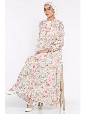 Bilek Lastikli Ön Düğme Detaylı Desenli Yazlık Tesettür Elbise P-00017805