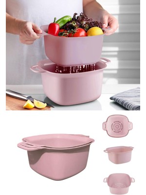 Badyalı Çok Amaçlı Süzgeç, Kulplu Makarna Meyve Sebze Süzgeci ve Karıştırma Kabı Seti 4 Litre Pembe