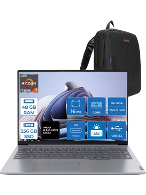 Lenovo Thinkbook 16 G7 Arp Amd Ryzen 7 7735HS 48GB Ddr5 256GB SSD Radeon 680M Graphics 16" Wuxga 300NITS IPS Freedos Taşınabilir Bilgisayar 21MW002CTRF21 + Zetta Çanta