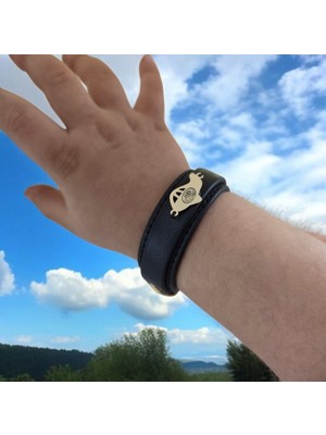 Archin Bismillah Temalı Uçak Motifli 14 Ayar Altın Plakalı Doğal Siyah Derili Hediye Bileklik-447SEMBOL