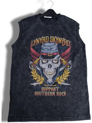 Lynyrd Skynyrd Support Southern Rock Yazılı Yıkamalı Kolsuz Tişört,rock Band Temalı Sıfır Kol Atlet