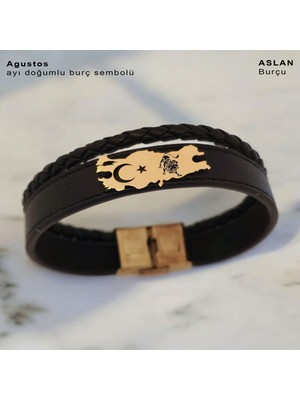 Archin Aslan Burçları İçin 14 Ayar Altın Plakalı Siyah Derili Türkiye Haritalı Hediye Bileklik-449BURÇ