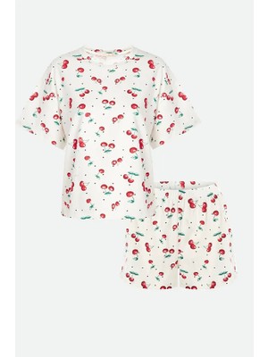 Koza İç Giyim Kadın Kısa Kollu Kiraz Desenli Pijama Takımı XL Beden Çok Renkli Yumuşak Örme Kumaş