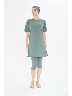 Büyük Beden Kısa Kollu Likralı Yarı Kapalı Tesettür Mayo Yeşil 3484B-Y