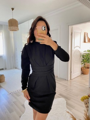 Modavera Kadın Uzun Kollu Bisiklet Yaka Bel Kemer Detay Ithal Krep Elbise