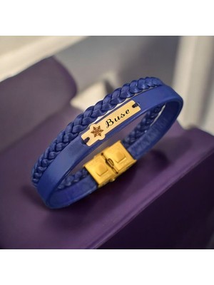 Archin Buse İsmine Özel 14 Ayar Altın Plakalı Lacivert Derili Kar Tanesi Motifli Hediye Bileklik-451İsim