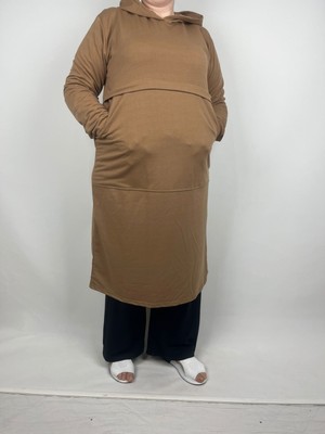 Kadın Vizon Robalı Iki Yandan Bütün Cepli Kapüşonlu Uzun Kollu Iki Iplik Tunik