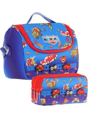 Kaukko Kids Isı Yalıtımlı Beslenme Çantası ve Üç Gözlü Kalemlik Seti - Erkek Çocuk, Mavi Kırmızı (Silikon Aksesuarlı)