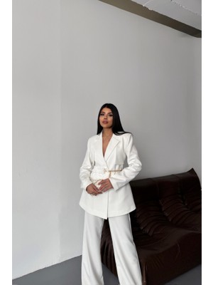Modavera Ceket Pantolon Takım Tasarım Zincirkemer Detaylı - Beyaz