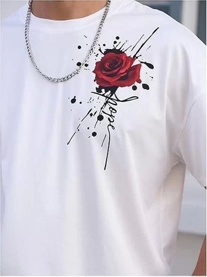 Erkek Bisiklet Yaka Kısa Kol Baskılı T-Shirt - Beyaz